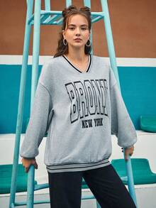 Peachy Keen 休閒字母 條紋女士衛衣 - 灰色 - 查看 4