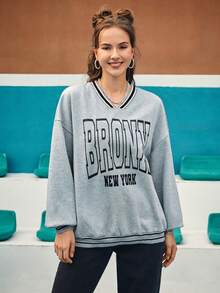 Peachy Keen 休閒字母 條紋女士衛衣 - 灰色 - 查看 6