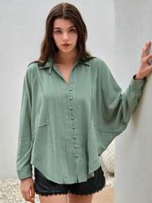 Bohemela Camisa unicolor de manga murciélago - Verde - Ver 4
