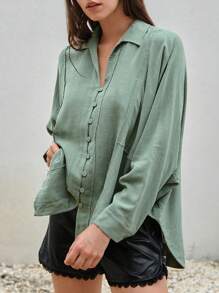 Bohemela Camisa unicolor de manga murciélago - Verde - Ver 6