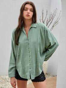 Bohemela Camisa unicolor de manga murciélago - Verde - Ver 7