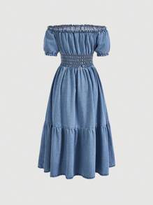 SHEIN Privé 一字肩荷葉邊牛仔裙 - 淺色水洗藍 - 查看 2