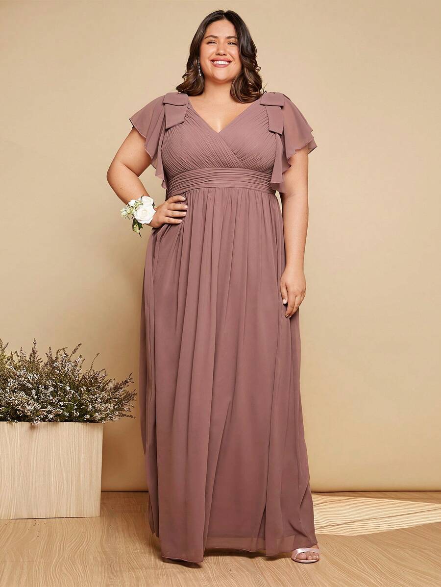 SHEIN Belle Plus Butterfly Sleeve Maxi Bridesmaid Dress - Dusty Pink - View 1