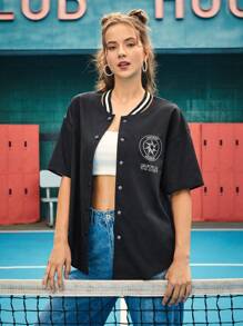 IanAlien 休閒前紐扣繪圖 字母女士襯衫 - 黑色 - 查看 1