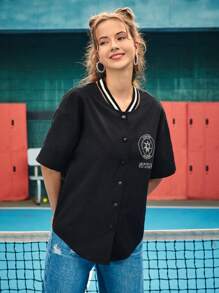 IanAlien 休閒前紐扣繪圖 字母女士襯衫 - 黑色 - 查看 4