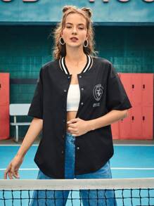 IanAlien 休閒前紐扣繪圖 字母女士襯衫 - 黑色 - 查看 5