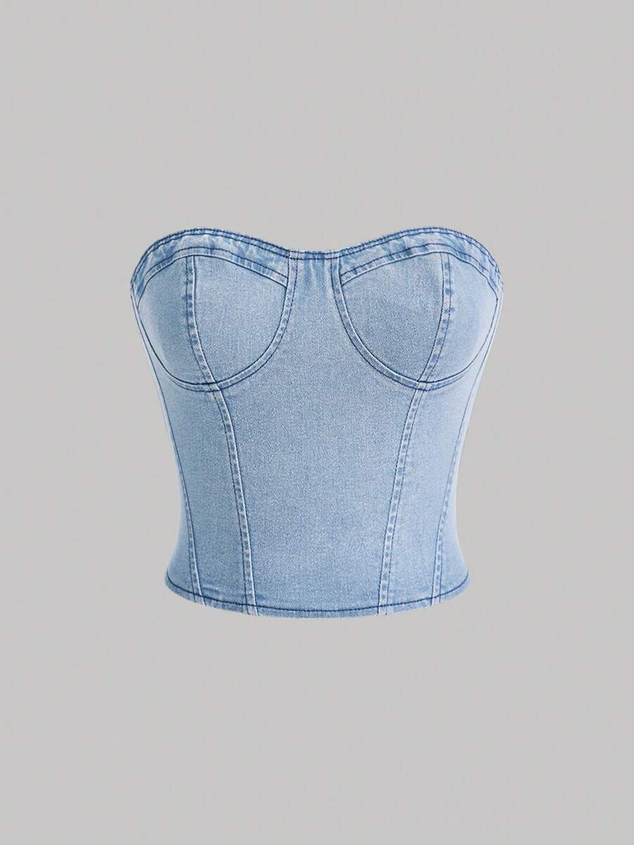 SHEIN MOD Chất rắn Bustier Ống Tops Denim - Rửa nhẹ - Xem 1