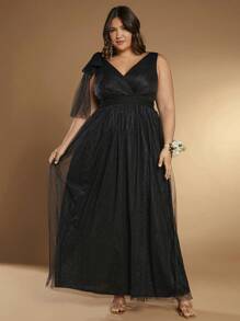 SHEIN Belle Plus 1pc Bow Shoulder Mesh Overlay Dress