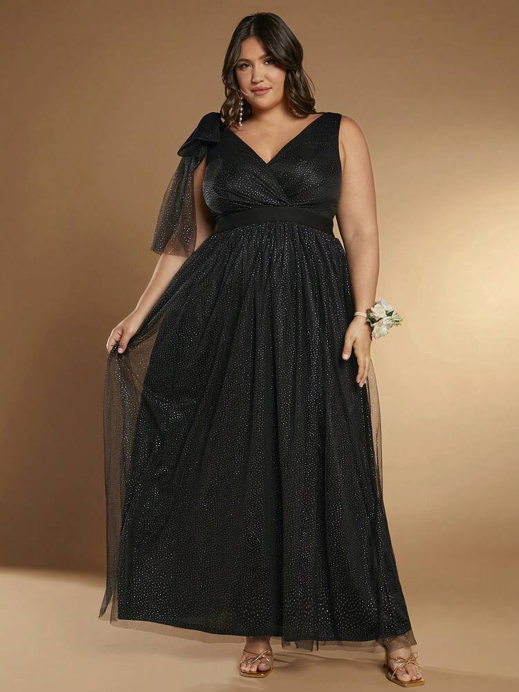 Plus 1pc Bow Shoulder Mesh Overlay Dress