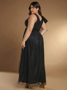 SHEIN Belle Plus 1pc Bow Shoulder Mesh Overlay Dress