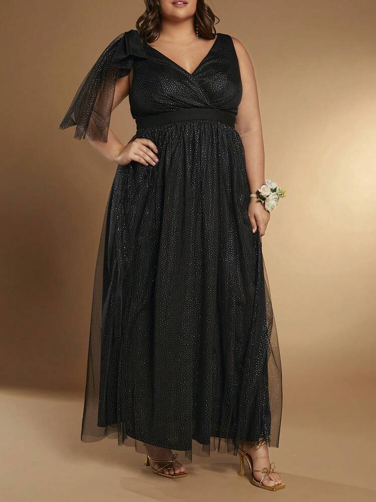 Plus 1pc Bow Shoulder Mesh Overlay Dress