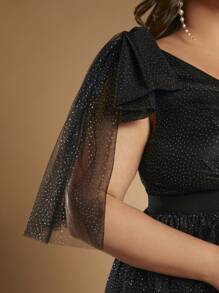 SHEIN Belle Plus 1pc Bow Shoulder Mesh Overlay Dress