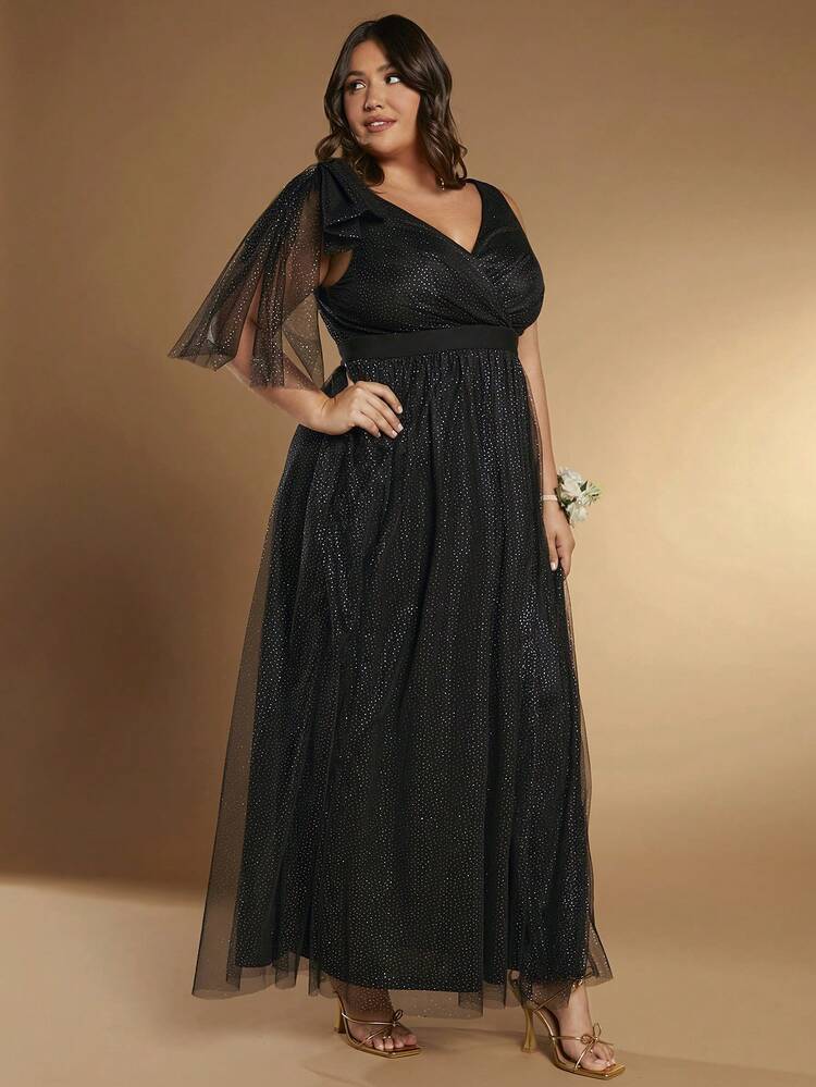 Plus 1pc Bow Shoulder Mesh Overlay Dress