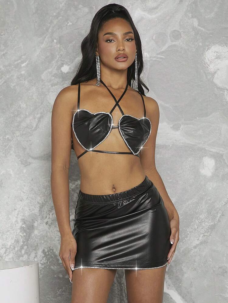 Rhinestone Heart Tie Top & Skirt Two Pieces Set