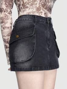 ROMWE PUNK Denim Rock mit Pattentasche, ohne Gürtel - Schwarz - Übersicht 1