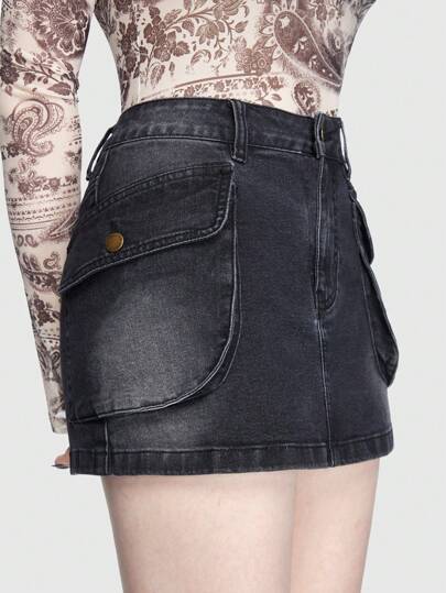 Flap Pocket Denim Skirt Without Belt