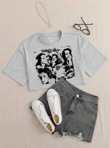 SHEIN EZwear Đồ họa Hình & Chữ cái Áo phông Crop - Xám - Xem 1