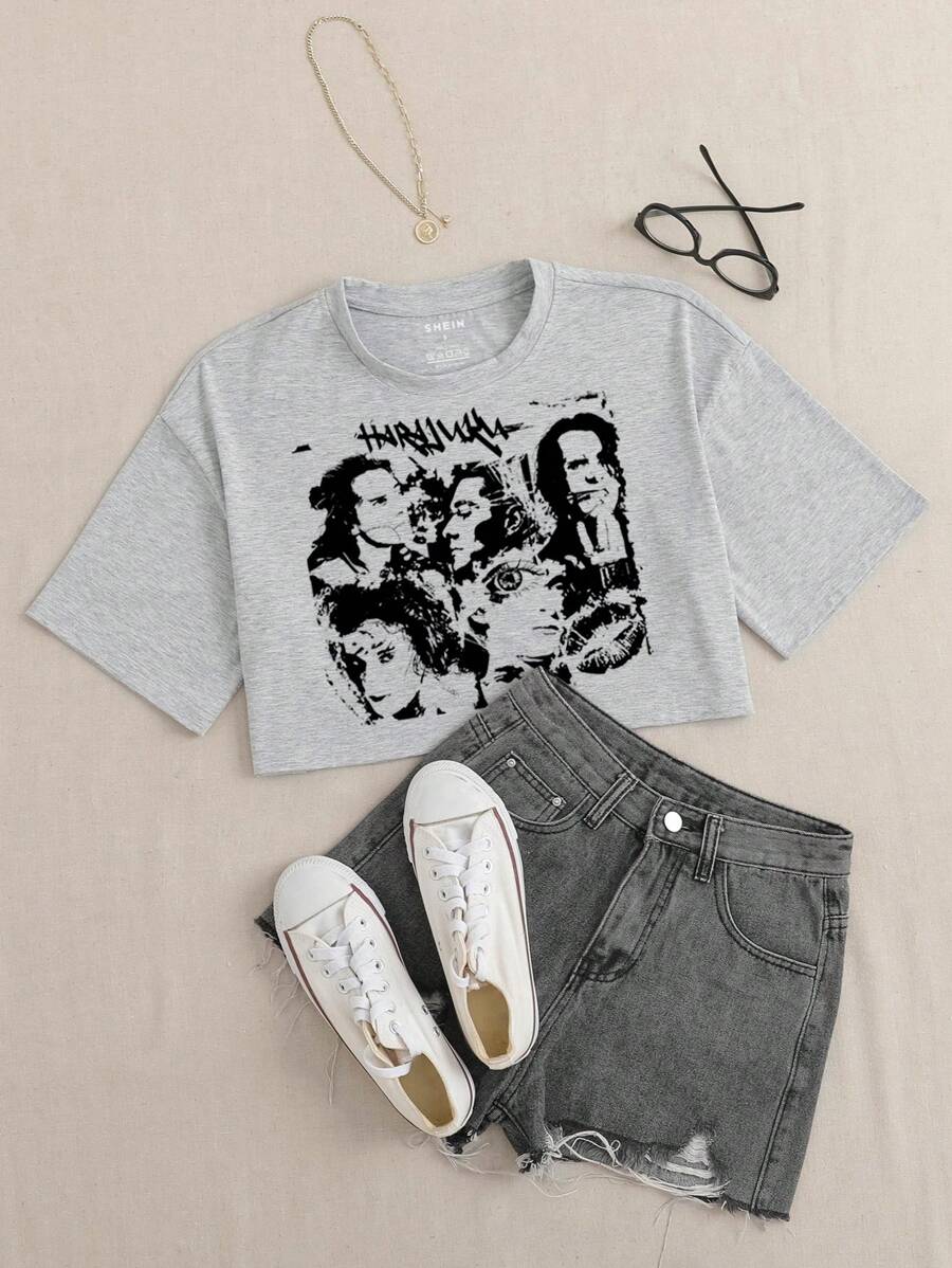 SHEIN EZwear Đồ họa Hình & Chữ cái Áo phông Crop - Xám - Xem 1