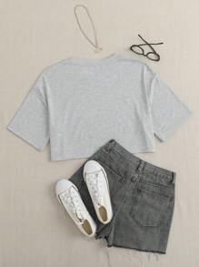 SHEIN EZwear Đồ họa Hình & Chữ cái Áo phông Crop - Xám - Xem 2