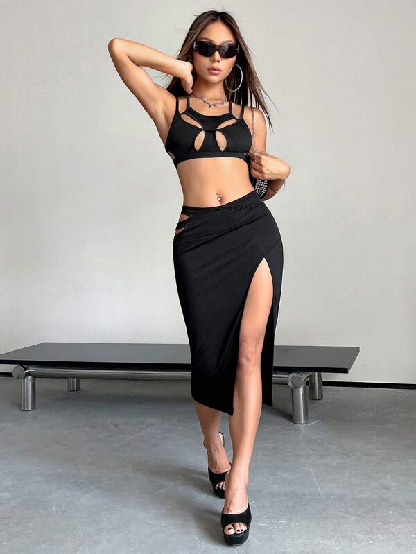 SHEIN X Danna Paola SHEIN ICON con abertura Top de tirantes crop & de muslo con abertura Falda