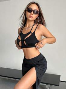 SHEIN X Danna Paola SHEIN ICON con abertura Top de tirantes crop & de muslo con abertura Falda