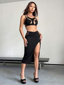 SHEIN X Danna Paola SHEIN ICON con abertura Top de tirantes crop & de muslo con abertura Falda