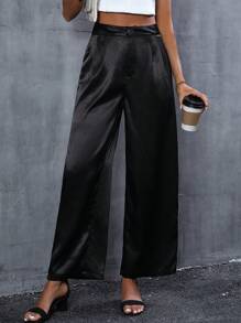 SHEIN LUNE Solid Wide Leg Suit Trousers - Black - View 1