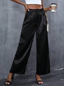 SHEIN LUNE Solid Wide Leg Suit Trousers - Black - View 3