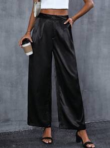 SHEIN LUNE Solid Wide Leg Suit Trousers - Black - View 4
