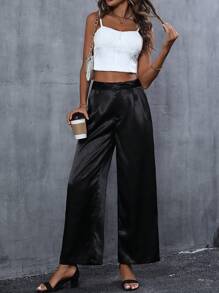 SHEIN LUNE Solid Wide Leg Suit Trousers - Black - View 5