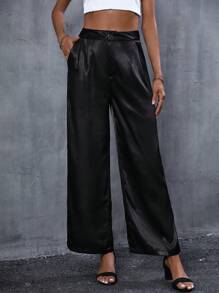 SHEIN LUNE Solid Wide Leg Suit Trousers - Black - View 6
