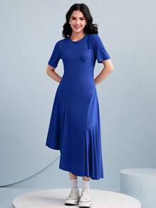 Modelyn Solid Pocket Patched Asymmetrical Hem Dress