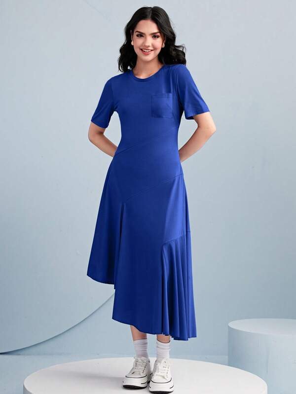 Modelyn Solid Pocket Patched Asymmetrical Hem Dress