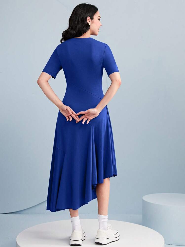 Solid Pocket Patched Asymmetrical Hem Dress