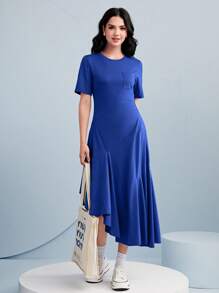Modelyn Solid Pocket Patched Asymmetrical Hem Dress