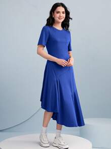 Modelyn Solid Pocket Patched Asymmetrical Hem Dress