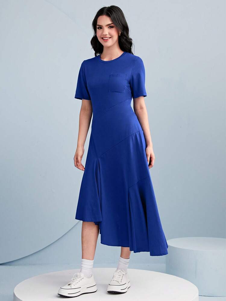 Solid Pocket Patched Asymmetrical Hem Dress