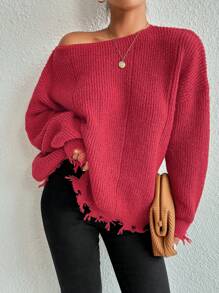 SHEIN Essnce Drop Shoulder Distressed Jumper - Rose Red - View 1