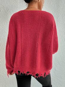 SHEIN Essnce Drop Shoulder Distressed Jumper - Rose Red - View 2