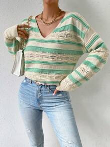 Chiquease Mẫu sọc Dệt kim chấm bi Thả vai Áo len - Nhiều màu - Xem 1