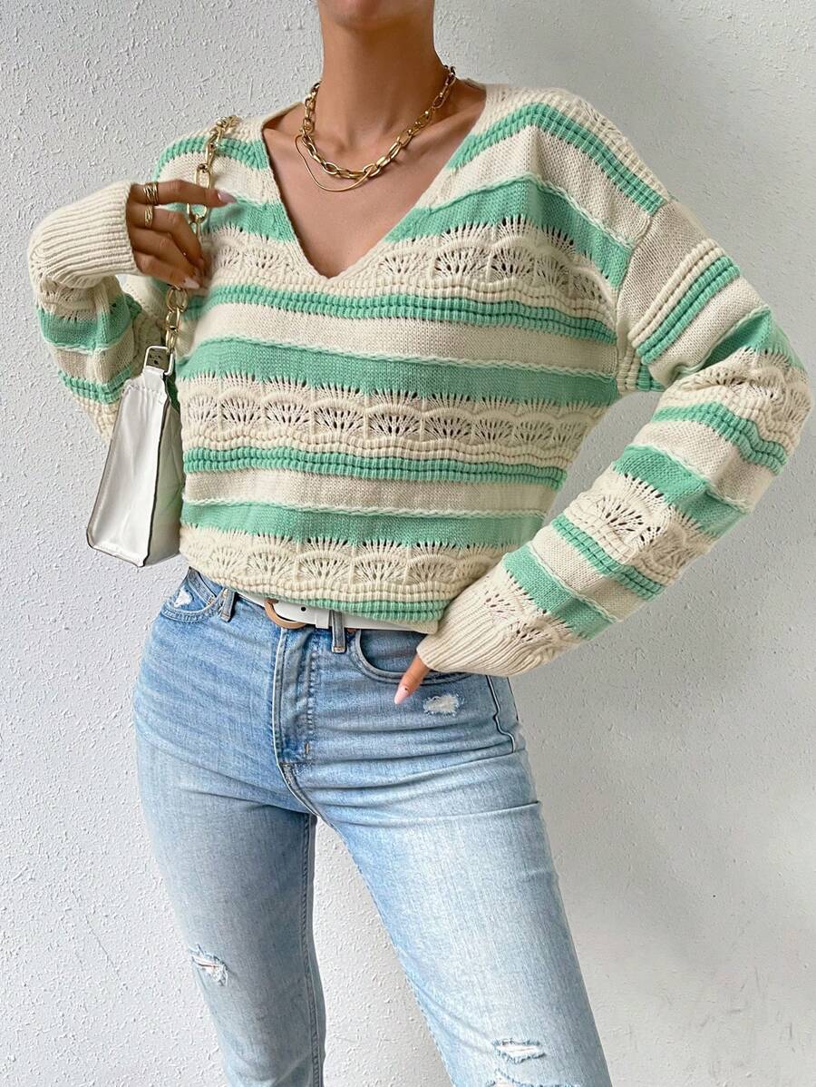 Chiquease Mẫu sọc Dệt kim chấm bi Thả vai Áo len - Nhiều màu - Xem 1
