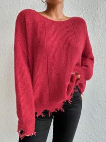 SHEIN Essnce Drop Shoulder Distressed Jumper - Rose Red - View 4