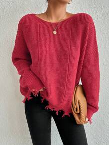 SHEIN Essnce Drop Shoulder Distressed Jumper - Rose Red - View 5