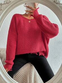 SHEIN Essnce Drop Shoulder Distressed Jumper - Rose Red - View 6