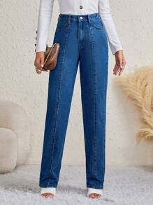 SHEIN Tall Seam Detail Straight Leg Jeans - Medium Wash - View 1