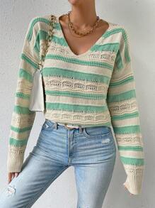 Chiquease Mẫu sọc Dệt kim chấm bi Thả vai Áo len - Nhiều màu - Xem 6