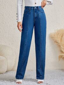 SHEIN Tall Seam Detail Straight Leg Jeans - Medium Wash - View 3
