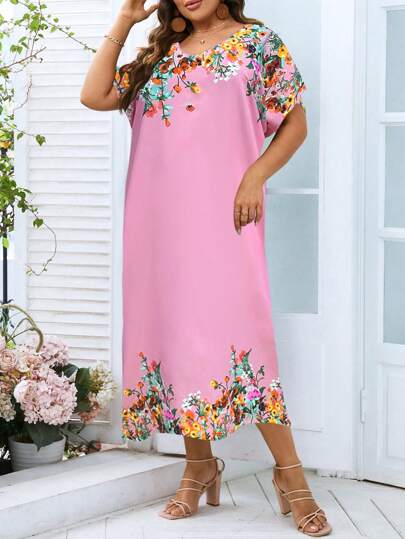 SHEIN LUNE 大碼印花蝙蝠袖直筒連衣裙