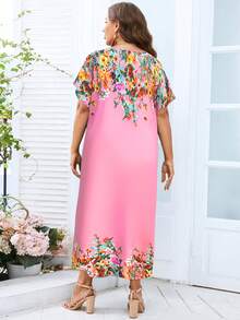 SHEIN LUNE 大碼印花蝙蝠袖直筒連衣裙 - 粉色 - 查看 2