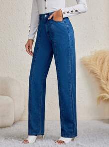 SHEIN Tall Seam Detail Straight Leg Jeans - Medium Wash - View 4